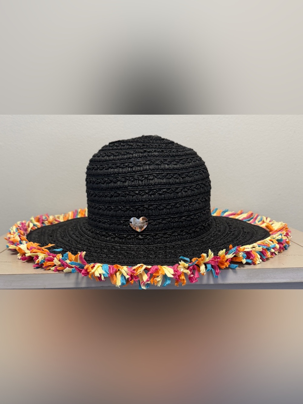 Wide Brim Rainbow Fringe Beach Floppy Betsey Johnson Black Straw Sun Hat OS